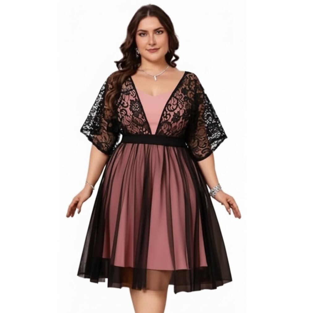 SHEIN Women's BABYDOLL LACE Dress KNEE LENGTH Black Pink PLUS SIZE Size 3X